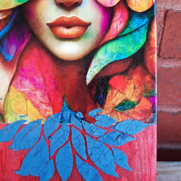 A colorful women in a field of flowers, wall hanging wood art mixmedia - Picture 5 of 9